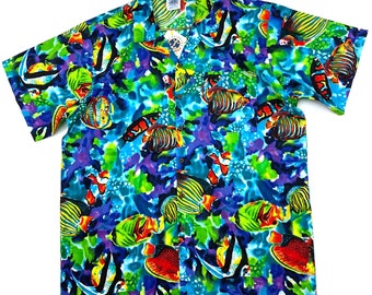 Vintage Caribbean Club Fish Theme Button Up Shirt Size XL Aop Short Sleeve Nwt