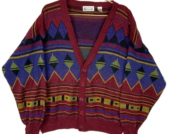 Vintage Grandpa Knit Sweater Size Large Red Button Up Striped Argyle Cardigan
