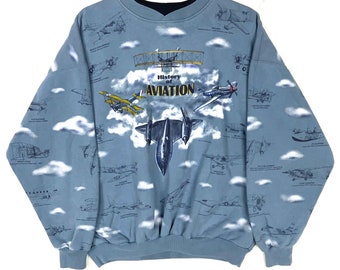 Vintage History Of Aviation All Over Print Sweatshirt Crewneck XL Blau Hergestellt in den USA