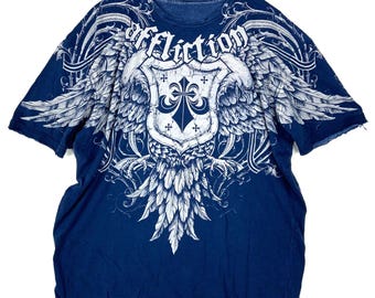 Y2K Affliction T-Shirt 2XL Blue Grunge Wings All Over Print Fleur Des Lis Eagle