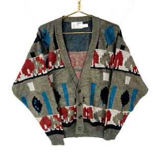 Vintage 1990s Knit Wool Grandpa Sweater Large Multicolor Cardigan Pattern Usa