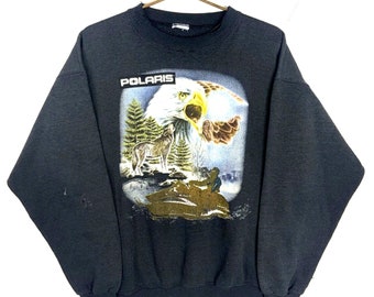 Vintage Polaris Snowmobile Sweatshirt Crewneck Medium Black Eagle Wildlife