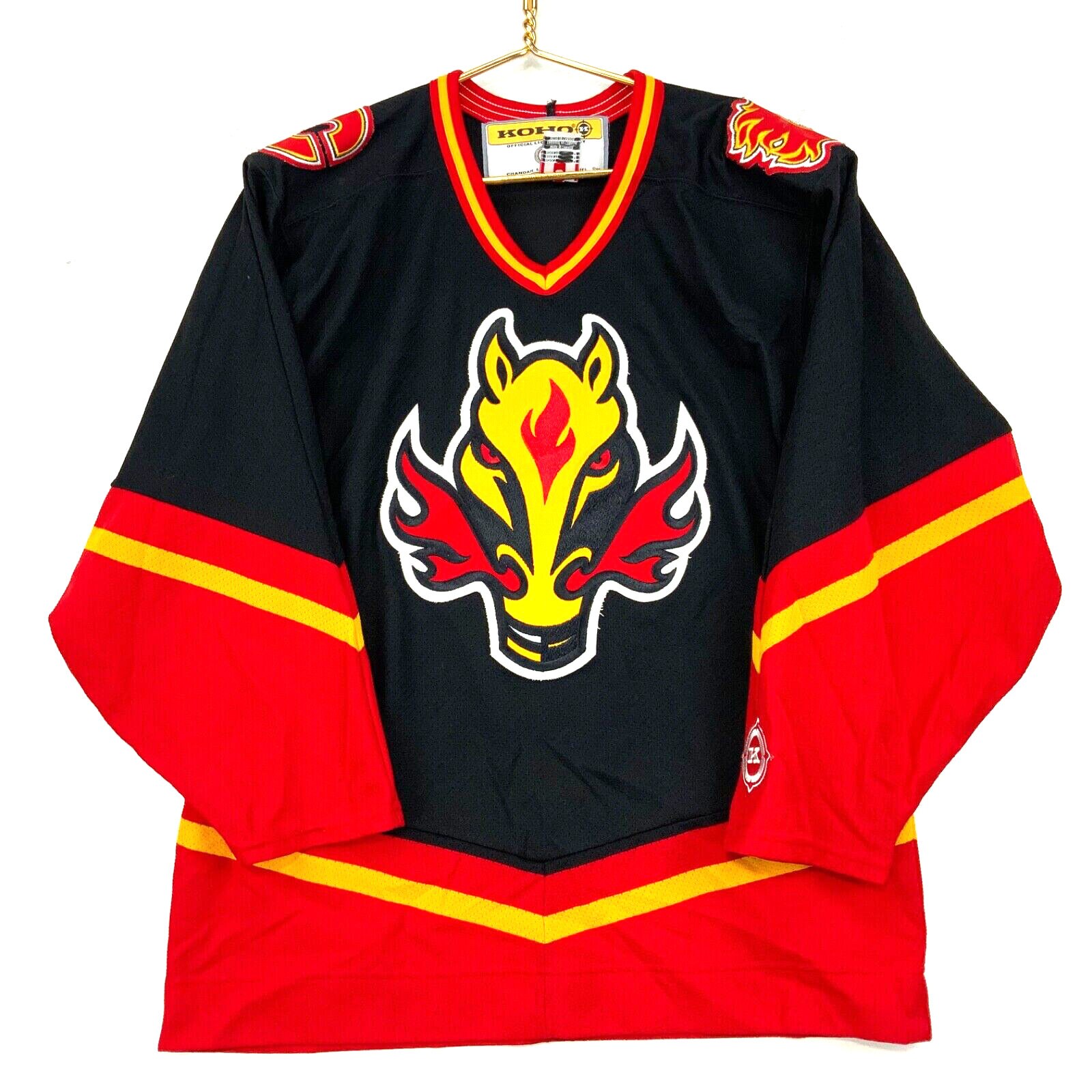 Men's RARE STARTER Calgary Flames Alternate Sz L BLASTY Horse NHL Hockey  Jersey