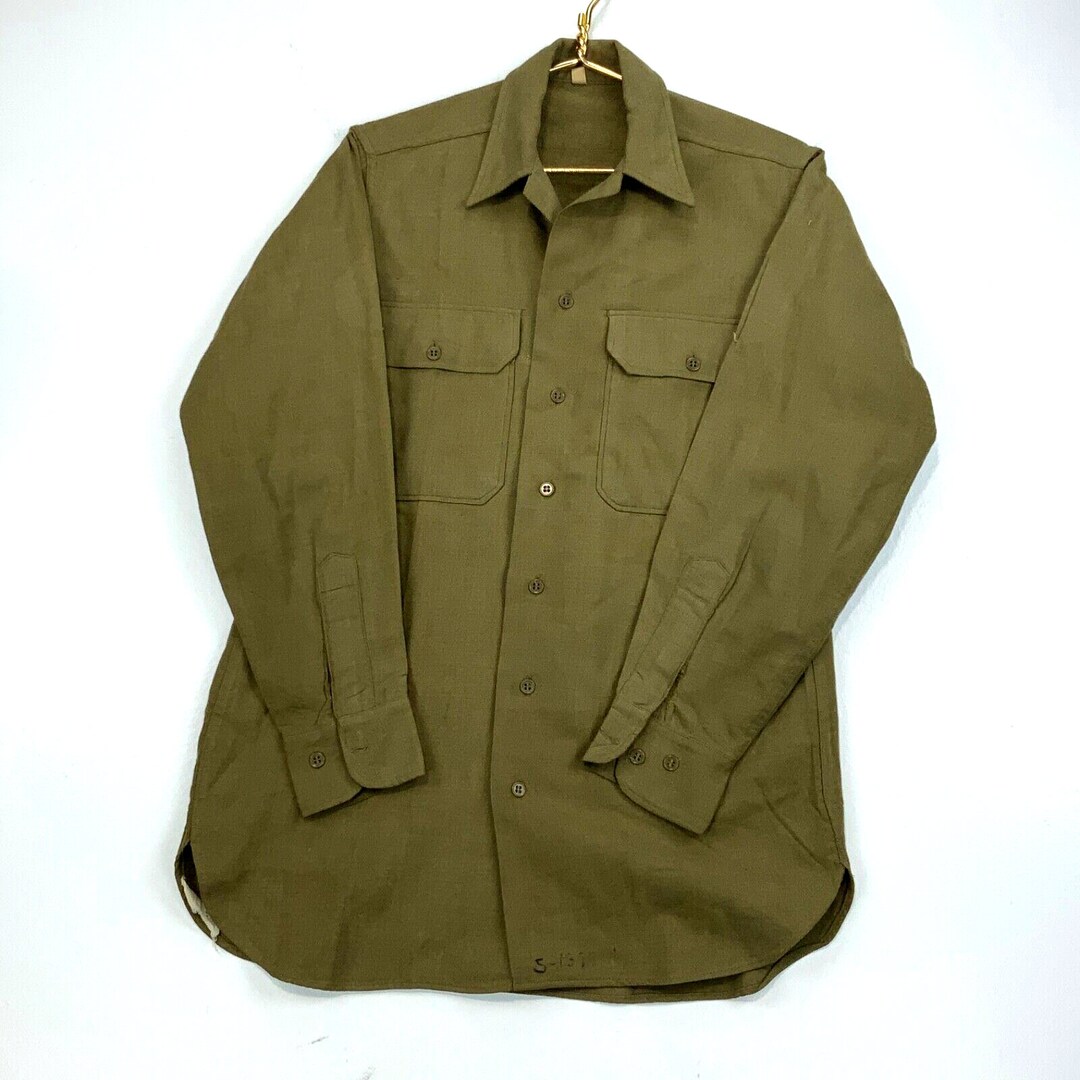 Vintage Us Military Wool Button up Shirt Size 14 1/2 X 33 Olive Long ...