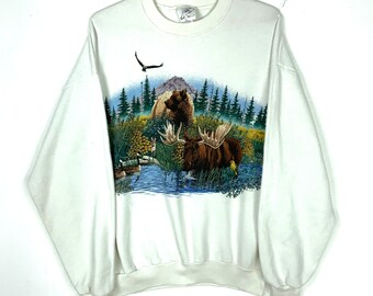 Vintage Wildlife Sweatshirt Crewneck Extra Large White Made In Usa 90s