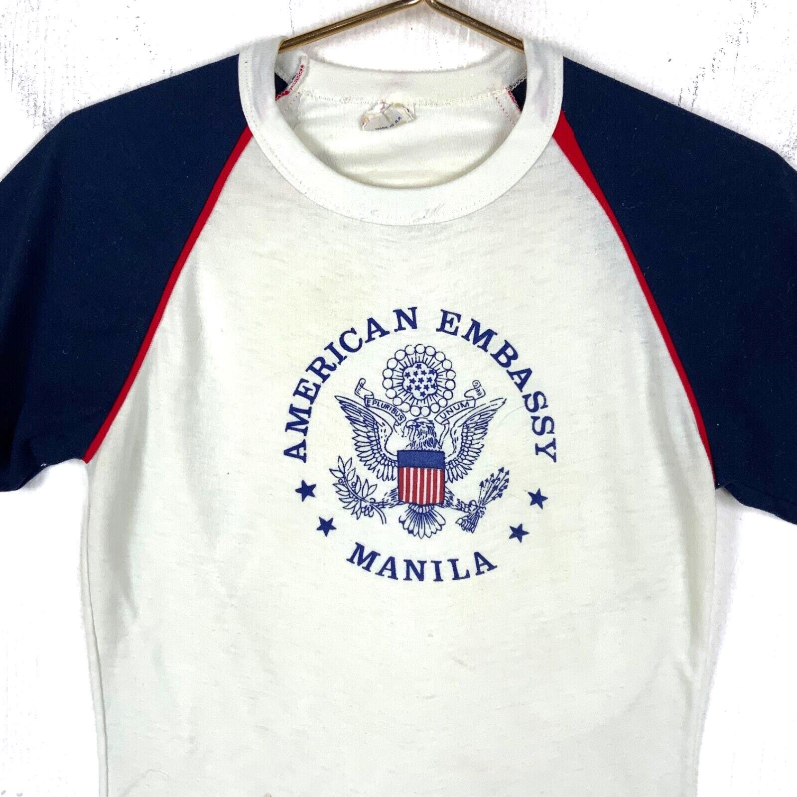 Vintage American Embassy Manila T shirt Raglan Large White Single Stitch 80s Etsy