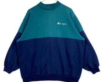 Vintage Champion Two Tone Color Block Sweatshirt Turtleneck Size Large Blue