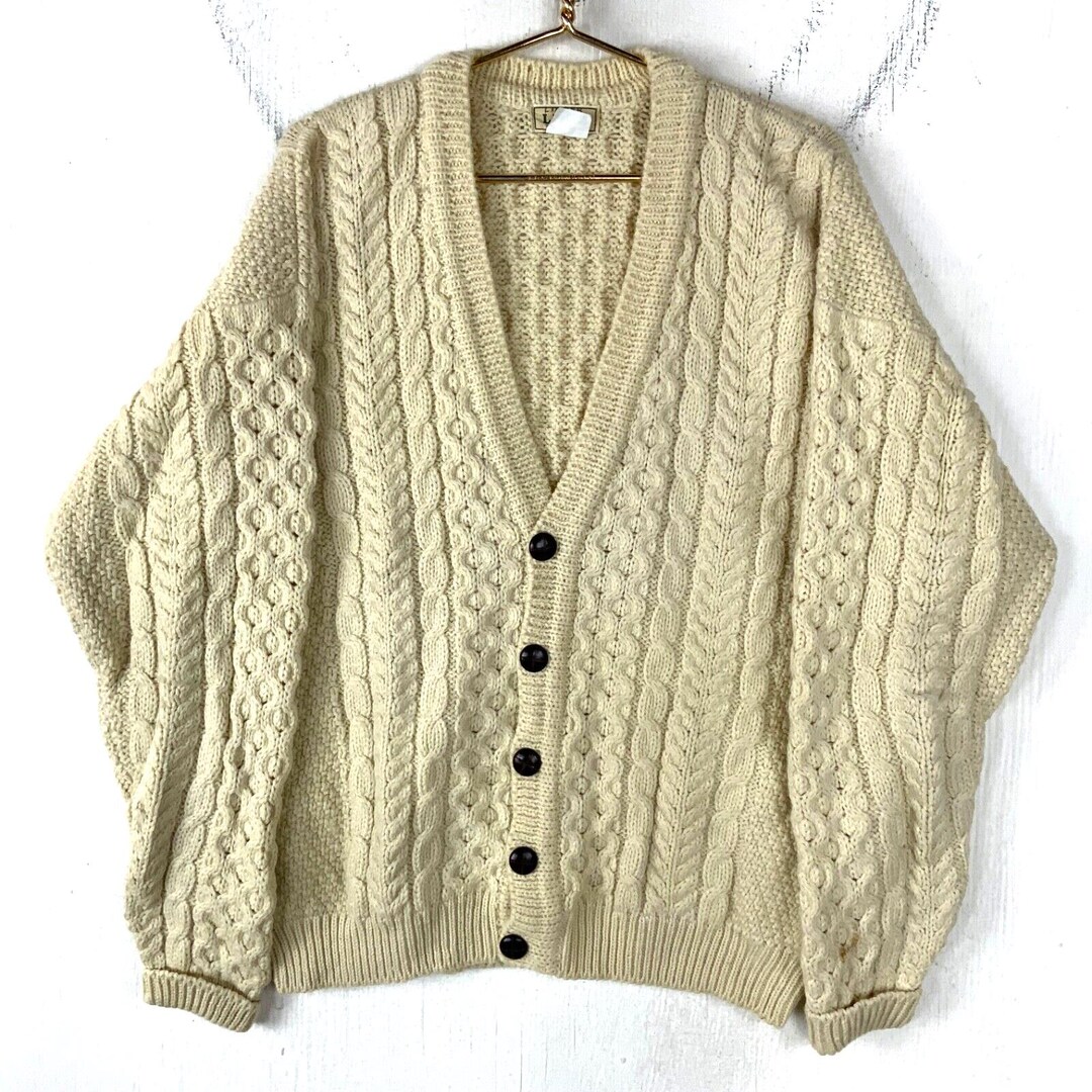 Vintage L.l.bean Cable Knit Wool Sweater Size XL Beige Made in Ireland ...