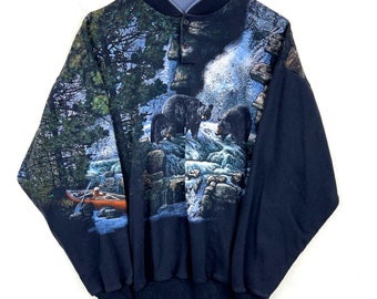 vintage Bear Wildlife Henley sweat-shirt bleu moyen sur toute l'impression des années 90