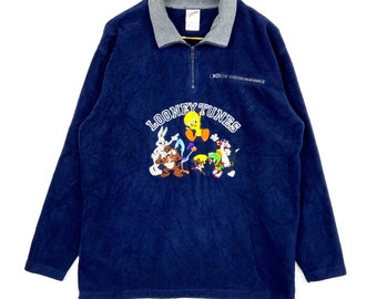 Vintage Looney Tunes Fleece Sweater Jacket Medium Embroidered Collar Quarter Zip