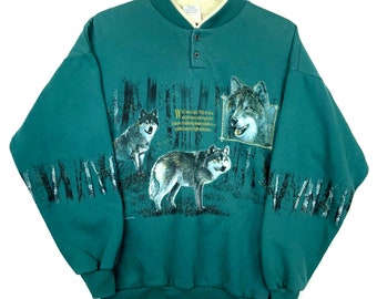 Vintage Wolf Wildtiere Sweatshirt Henley Large Grün Art Unlimited Aop 90s