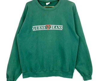 vintage Guess Jeans sweat ras du cou grand vert Etats-Unis des années 90 Spellout