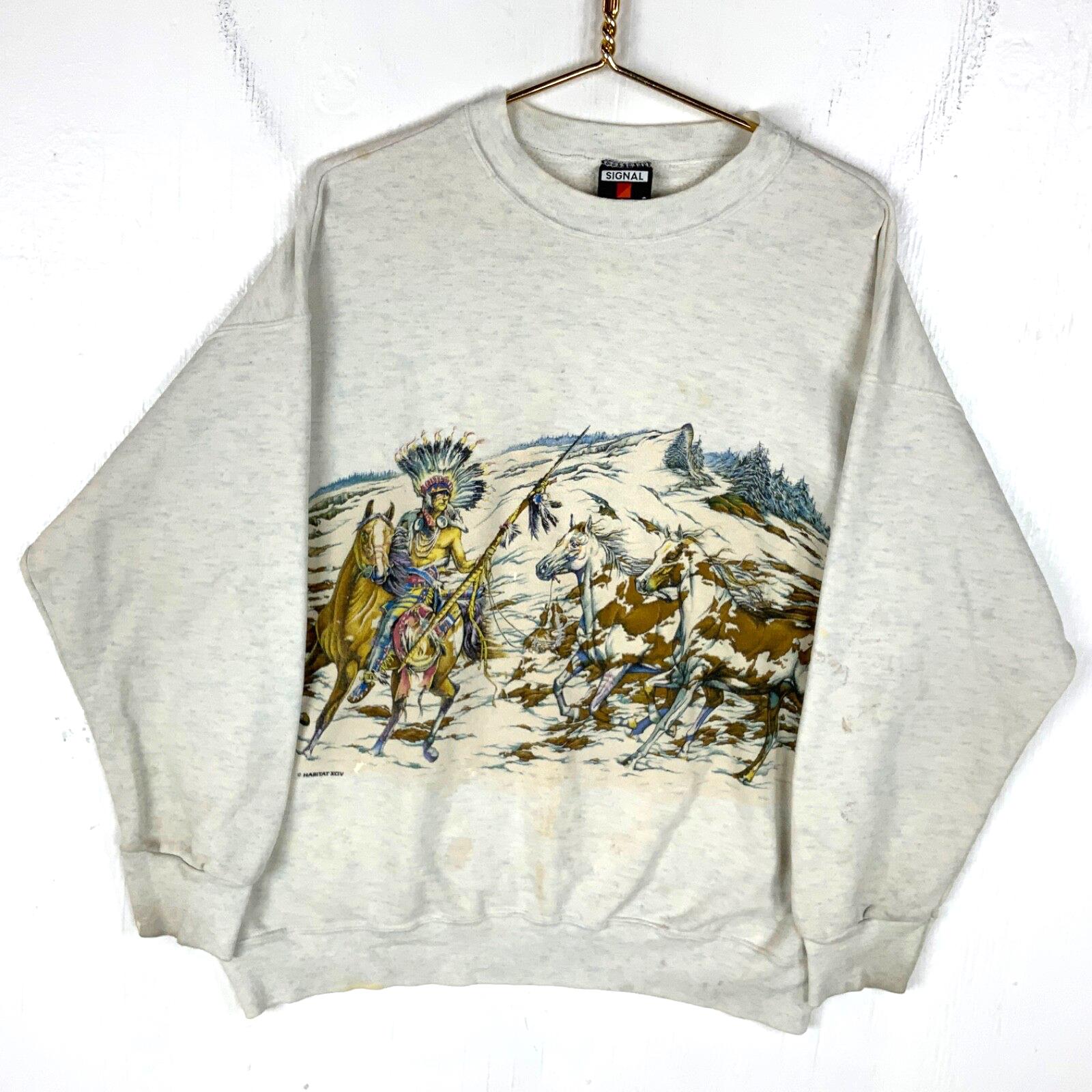 Vintage Native Chief Signal Sweatshirt Crewneck XL Gray Distressed