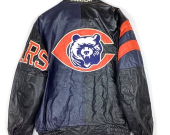 Vintage Chicago Bears Starter Full Zip Leather Varsity Bomber Jacket Large Nfl