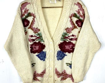 Vintage Grandma Knit Cardigan Sweater Women’s Medium White Floral 90s