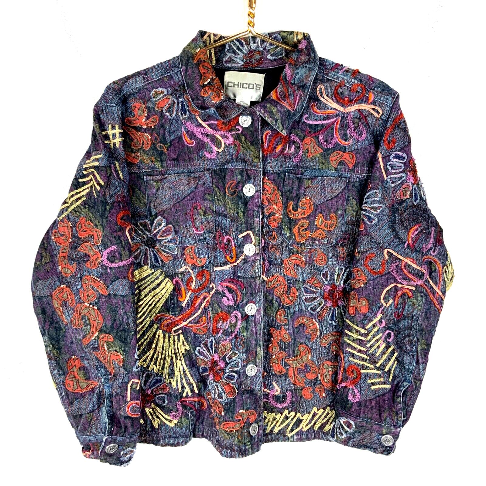 Vintage Chico's Design Denim Jacket With Silk Batik Flower