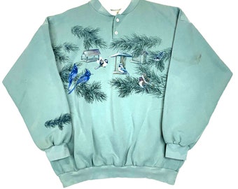 Vintage Bird House Wildlife Henley Double Collar Sweatshirt Crewneck Size XL Usa