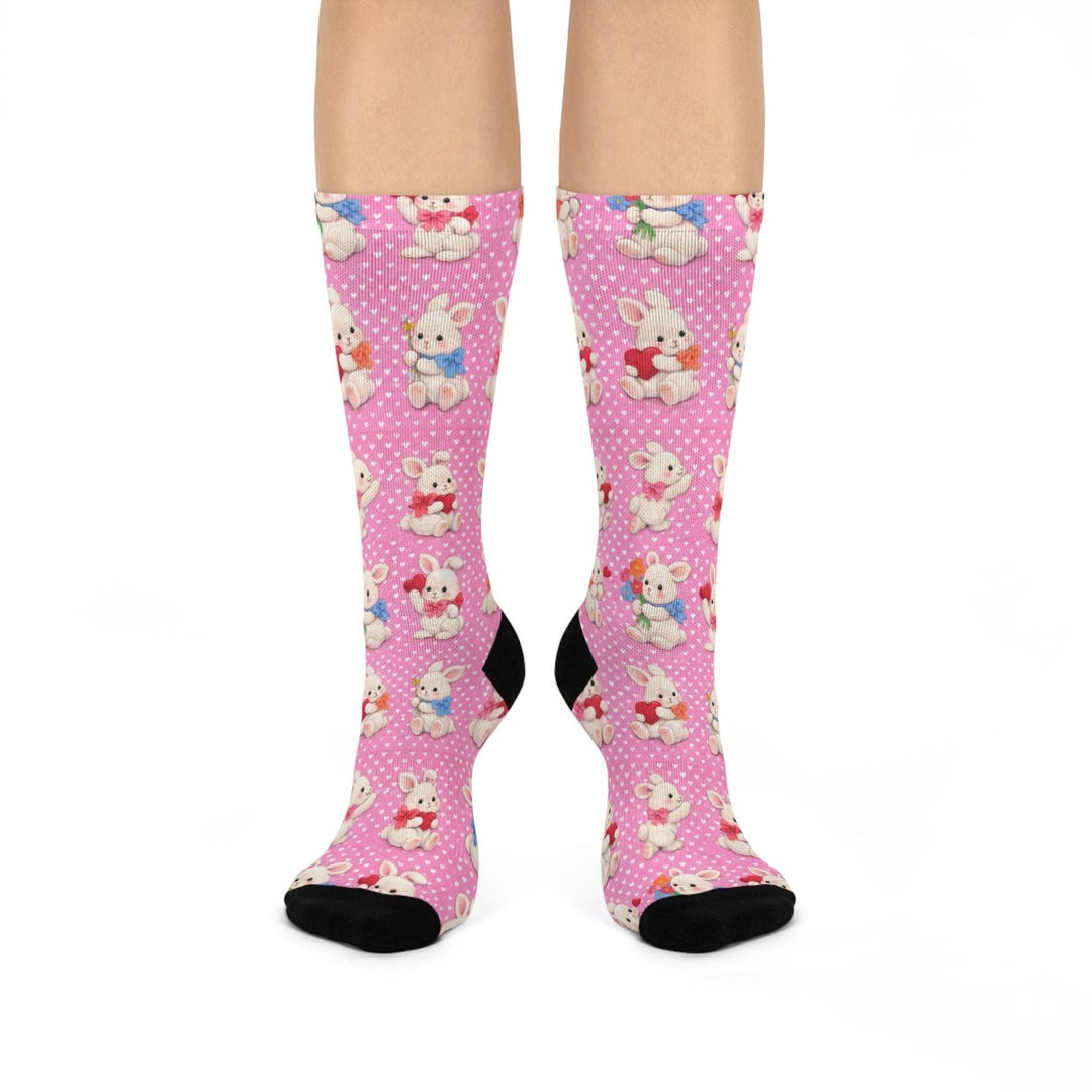 Cute Bunny Rabbit Cushioned Crew Socks Aop Pink Love Hearts - Etsy