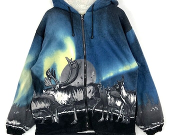 Vintage Fleece Sweater Jacket Extra Large Made Usa Wildlife Caribou 90s
