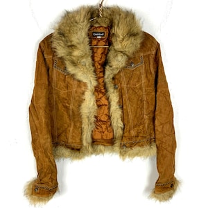 Vintage Y2K Bebe Women&#39;s Leather Jacket Medium Brown Faux Fur