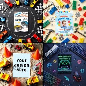 May include: A collage of images featuring party invitations and toys. One invitation reads "SMASH AND CRASH" with monster trucks. Another says "BENJAMIN'S BIRTHDAY PARTY." Other images include toy cars, construction vehicles, Legos, and a gaming setup.