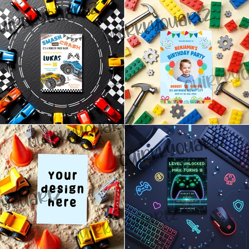 May include: A collage of images featuring party invitations and toys. One invitation reads "SMASH AND CRASH" with monster trucks. Another says "BENJAMIN'S BIRTHDAY PARTY." Other images include toy cars, construction vehicles, Legos, and a gaming setup.