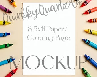 Coloring Page Mockup, Printable Paper Mockup, Card and Worksheet Mockup, JPEG Flat Lay Mockup for Canva, 8.5x11 Page Mock Up, Crayon Layout
