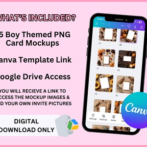 May include: A smartphone displays invitation mockups with fall-themed designs. The image includes text: "WHAT'S INCLUDED?" and "DIGITAL DOWNLOAD ONLY." The Canva logo is visible. The mockups are for 35 boy-themed PNG card designs.