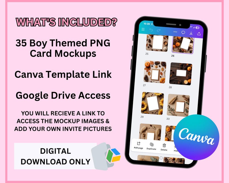 May include: A smartphone displays invitation mockups with fall-themed designs. The image includes text: "WHAT'S INCLUDED?" and "DIGITAL DOWNLOAD ONLY." The Canva logo is visible. The mockups are for 35 boy-themed PNG card designs.