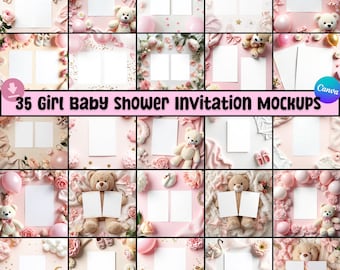 35 Girl Baby Shower Invite Mockups, Baby Girl Invitation Mockups, PNG Flat Lay Mockup Bundle, Canva Template Bundle, Baby shower Card Mockup