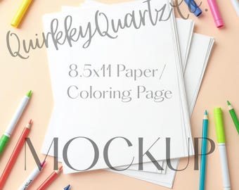 Coloring Page Mockup, Printable Paper Mockup, Card and Worksheet Mockup, JPEG Flat Lay Mockup for Canva, 8.5x11 Page Mock Up