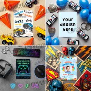 May include: A collage of party supplies and invitations. Includes toy trucks, traffic cones, balloons, police badges, a keyboard, a mouse, and superhero masks. Invitations feature text for a monster truck party and a birthday party.