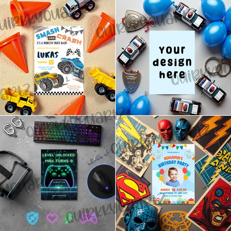 May include: A collage of party supplies and invitations. Includes toy trucks, traffic cones, balloons, police badges, a keyboard, a mouse, and superhero masks. Invitations feature text for a monster truck party and a birthday party.