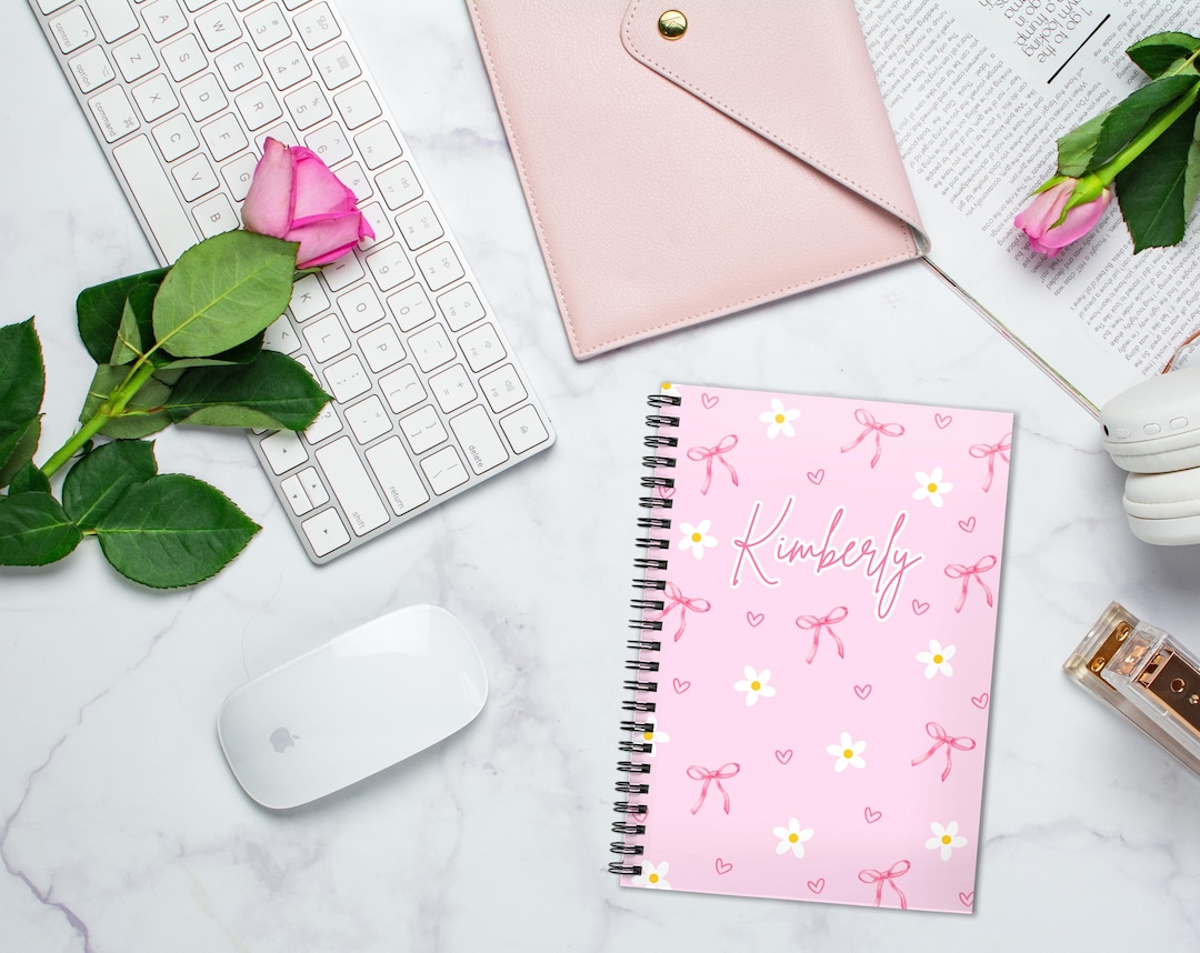 Personalized Pink Bow Floral Spiral Notebook, Pink Girly Ruled Notebook ...