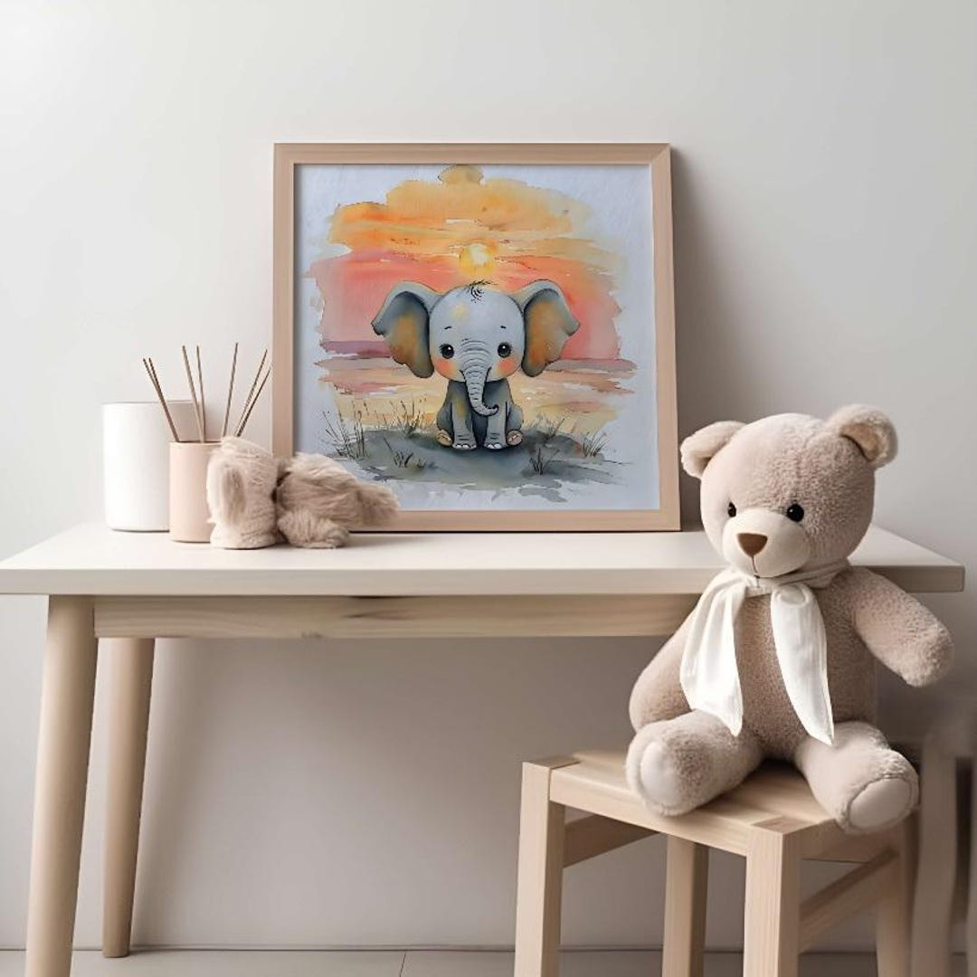Watercolor Cute Baby Elephant With Sunset Background Perfect for Baby ...