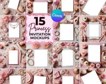 15 Invitation Mockups, Pink Princess Invite Mockup, Bundle of Birthday Invitation Mockups, PNG Flat Lay Mockup Bundle, Canva Template Bundle