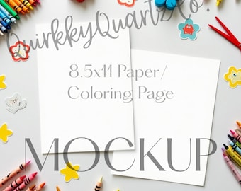 Coloring Page Mockup, Printable Paper Mockup, Card and Worksheet Mockup, JPEG Flat Lay Mockup for Canva, 8.5x11 Page Mock Up