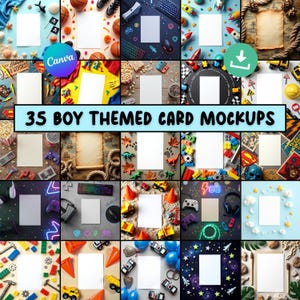 May include: A collage of 35 boy-themed card mockups with various backgrounds. The backgrounds include toys, sports equipment, and gaming accessories. The text "35 BOY THEMED CARD MOCKUPS" is displayed across the center of the image.
