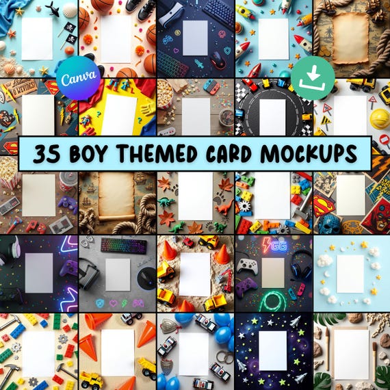 35 Boy Themed Invitation Mockups, Canva Invitation Template Bundle, Boys Birthday Flat Lay PNG Mockups, Digital Download Card Mockup Bundle