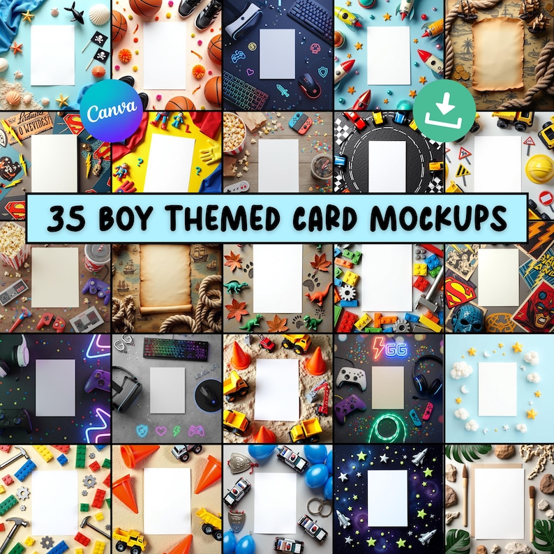 May include: A collage of 35 boy-themed card mockups with various backgrounds. The backgrounds include toys, sports equipment, and gaming accessories. The text "35 BOY THEMED CARD MOCKUPS" is displayed across the center of the image.