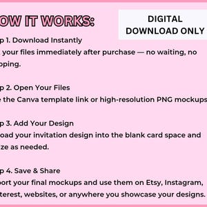 May include: Pink and white graphic with the text "HOW IT WORKS:" and "DIGITAL DOWNLOAD ONLY." Instructions detail downloading, opening files, adding designs, and saving/sharing on platforms like Etsy and Instagram.