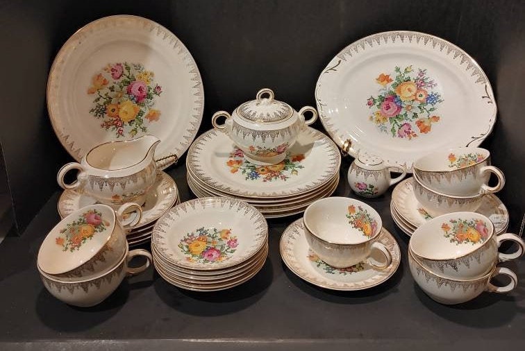 Crown Potteries Co. Vintage Dishes Needlepoint Cross Stitch