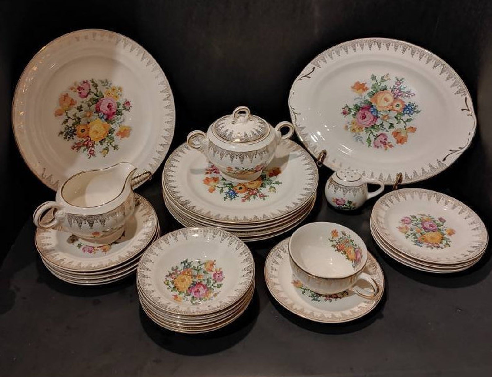 Crown Potteries Co. Vintage Dishes Needlepoint Cross Stitch Flowers