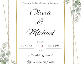 May include: Wedding invitation featuring the names Olivia & Michael in elegant script. The invitation includes the date, July 10, 2022, and time, 5 PM, with floral accents and a gold geometric frame. The text reads "Reception to follow."