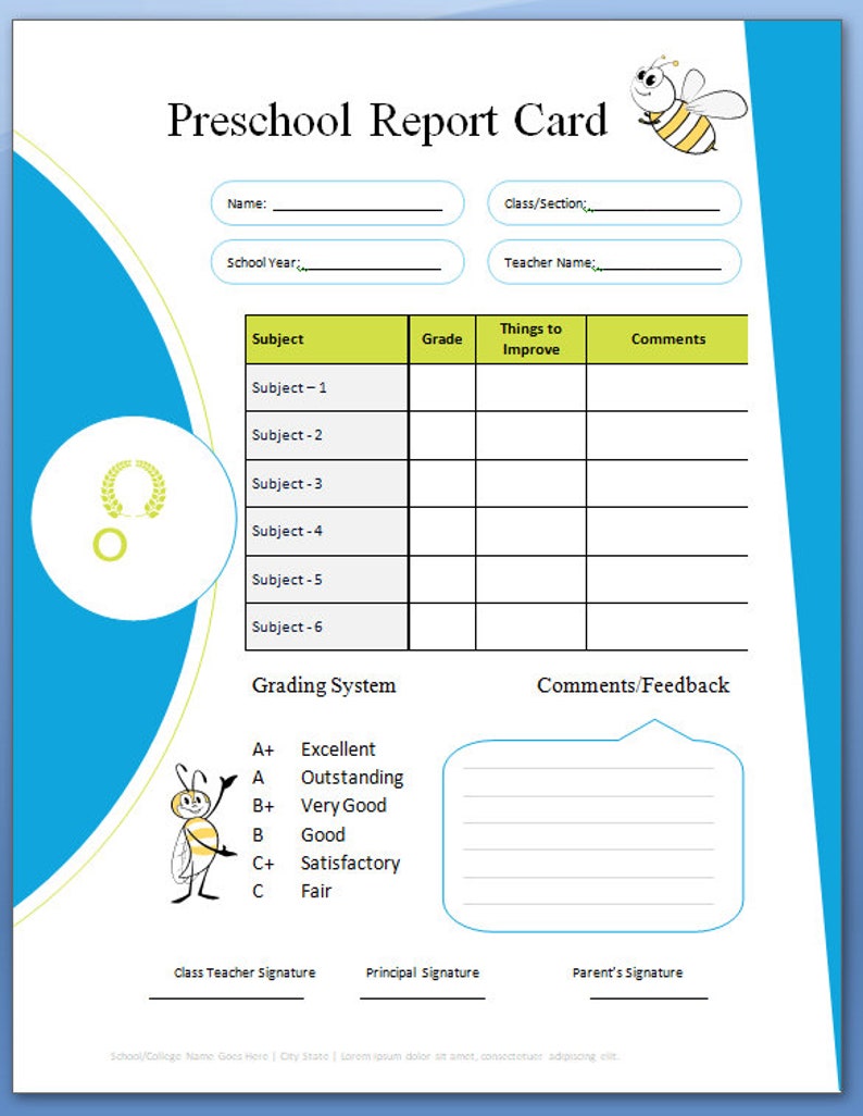 Download Best Preschool Report Card Design in MS Word (Instant Download ...