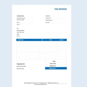 Puede incluir: Una plantilla de factura fiscal en papel blanco con detalles en azul. El documento incluye campos para información de la empresa, detalles de la factura y una tabla para descripciones de artículos, cantidades, precios e importes. Las palabras "TAX INVOICE" están en la parte superior.