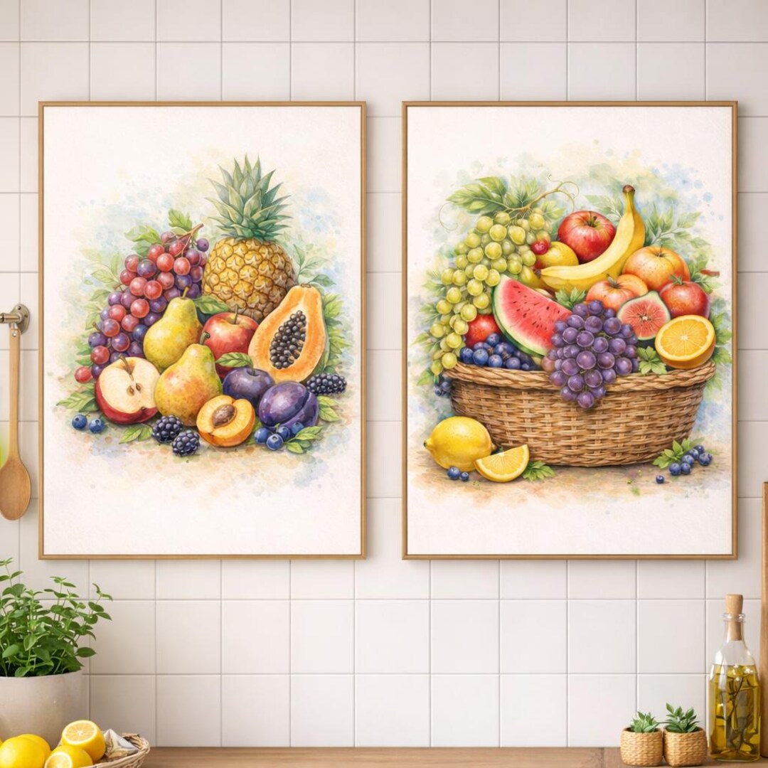 kitchen print set of 2 fruit print vegetable print... Fruit-themed Kitchen Wall Decor, Printable Kitchen Poster, Modern ...