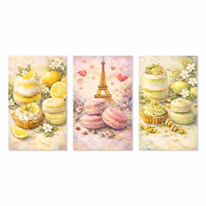 Peut inclure: Trois impressions aquarelles représentant des desserts. L'une montre un gâteau à étages et des macarons avec des citrons. Une autre présente des macarons roses avec la Tour Eiffel. La troisième montre un gâteau, une tarte et des macarons.