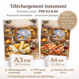 Peut inclure: Deux impressions d'art numérique représentant une scène de chalet avec cheminée, fromage et vin, et une seconde avec de la charcuterie et du vin. Disponibles en formats PDF A3 (29,7 x 42 cm) et A4 (21 x 29,7 cm). Téléchargement instantané.