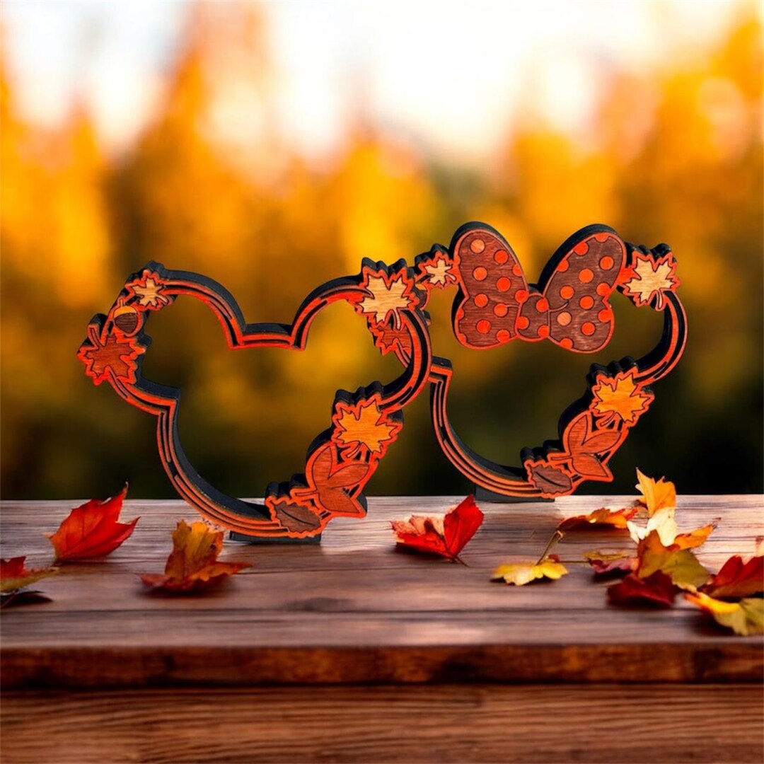 Mickey and Minnie Mouse Fall Maple Leaf Wooden Silhouette: Thanksgiving ...